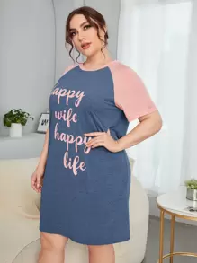 SHEIN Plus Letter Graphic Contrast Raglan Sleeve Night Dress - Dusty Blue - View 3