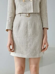 MOTF PREMIUM 100% LINEN BELTED SKIRT - Khaki - View 11