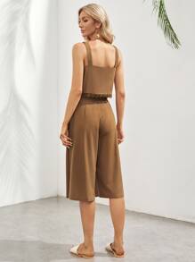 SHEIN VCAY Contrast Guipure Lace Cami Top & Wide Leg Trousers - Brown - View 2