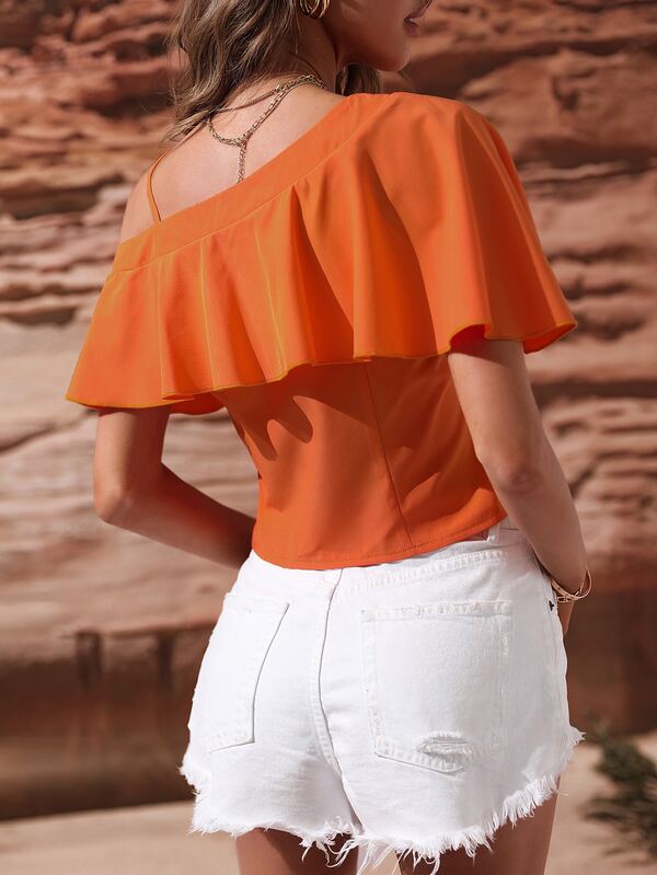 Ruffle trim asymmetrical shoulder top clearance