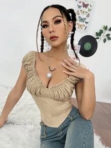 SHEIN ICON Blusa fruncido pecho con fruncido escote corazón - Caqui - Ver 5