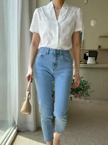 DAZY Camisa de manga corta de unicolor con bordado calado de estilo informal de negocios - Blanco - Ver 10