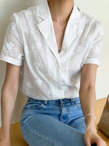 DAZY Camisa de manga corta de unicolor con bordado calado de estilo informal de negocios - Blanco - Ver 12