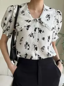 DAZY Floral Print Statement Collar Puff Sleeve Shirt - White - View 1