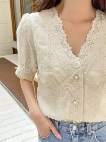 DAZY Swiss Dot Floral Embroidery Puff Sleeve Blouse - Apricot - View 1