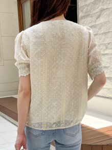 DAZY Swiss Dot Floral Embroidery Puff Sleeve Blouse - Apricot - View 2