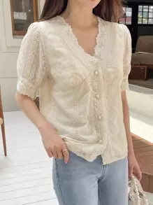 DAZY Swiss Dot Floral Embroidery Puff Sleeve Blouse - Apricot - View 4