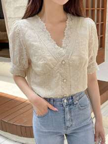 DAZY Swiss Dot Floral Embroidery Puff Sleeve Blouse - Apricot - View 5