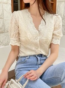 DAZY Swiss Dot Floral Embroidery Puff Sleeve Blouse - Apricot - View 6