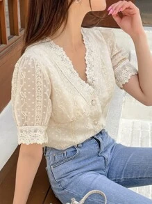 DAZY Swiss Dot Floral Embroidery Puff Sleeve Blouse - Apricot - View 7