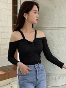 DAZY Cold Shoulder Ruched Tee Long Sleeve Women Tops,Fall Women Clothes - Black - View 3