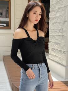 DAZY Cold Shoulder Ruched Tee Long Sleeve Women Tops,Fall Women Clothes - Black - View 5