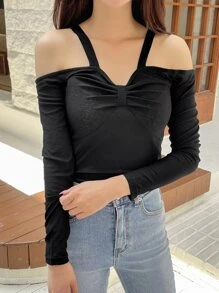 DAZY Cold Shoulder Ruched Tee Long Sleeve Women Tops,Fall Women Clothes - Black - View 7