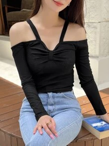 DAZY Cold Shoulder Ruched Tee Long Sleeve Women Tops,Fall Women Clothes - Black - View 8