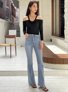 DAZY Cold Shoulder Ruched Tee Long Sleeve Women Tops,Fall Women Clothes - Black - View 9