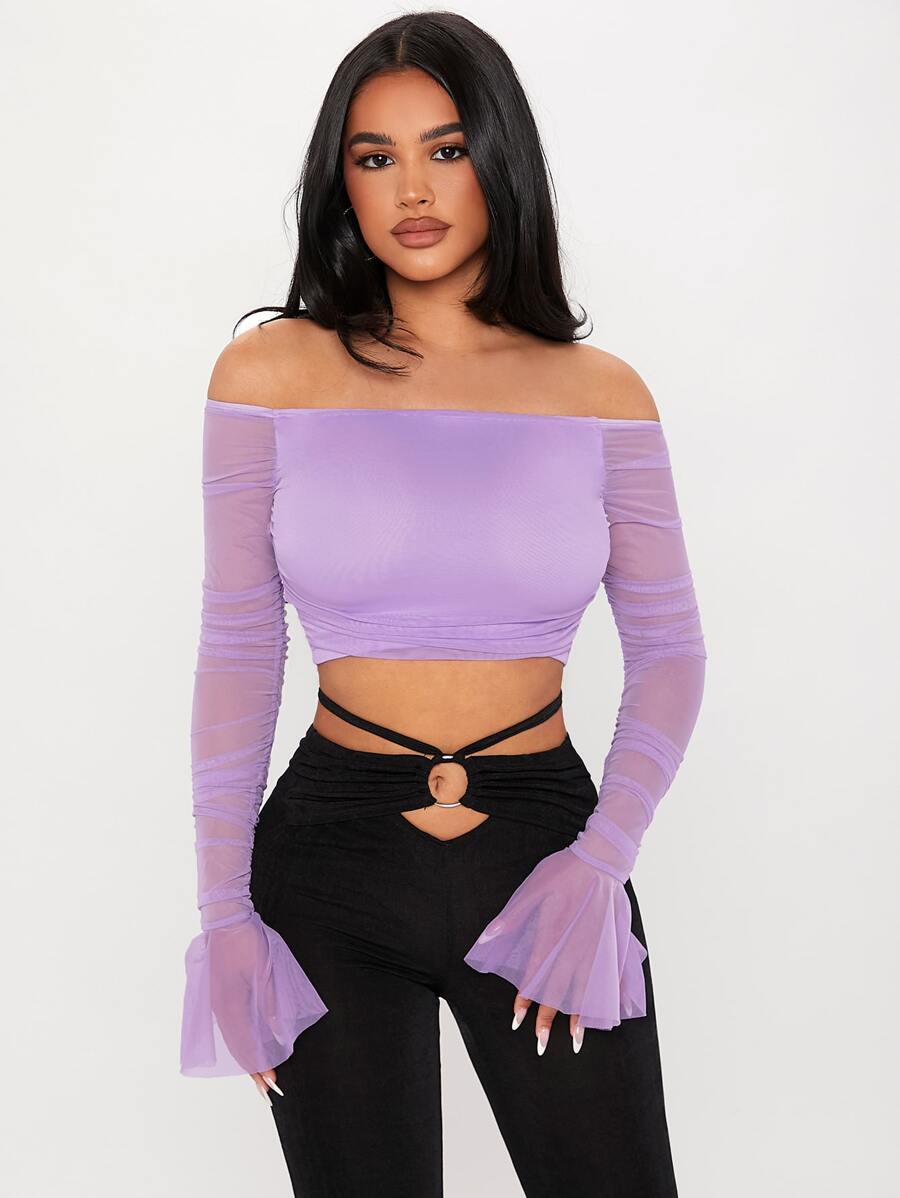 SHEIN PETITE 一字肩荷葉袖網紗拼接短款T恤