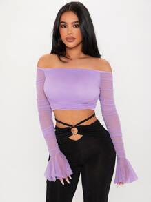 SHEIN PETITE 一字肩荷葉袖網紗拼接短款T恤 - 紫丁香色 - 查看 4