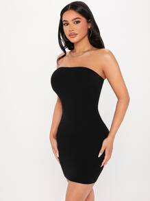 SHEIN PETITE Solid Bodycon Tube Black Mini Fashion Dress - Black - View 6