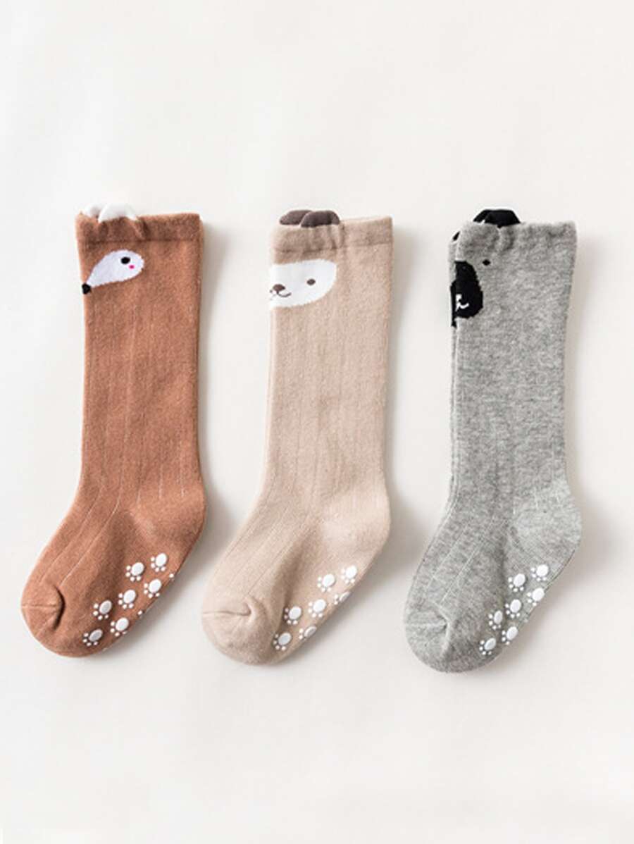 Bebé 3 pares Calcetines sobre rodilla con estampado de animal de dibujos animados - Multicolor - Ver 1