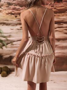 SHEIN VCAY Đầm viền lá sen Viên lá sen màu trơn Gợi cảm - Màu be - Xem 2