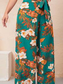 SHEIN VCAY Plus Floral Print Belted Wide Leg Pants - Multicolor - View 1