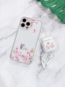 1pc Floral Clear Phone Case & 1pc Case Compatible With Airpods - Clear - View 1