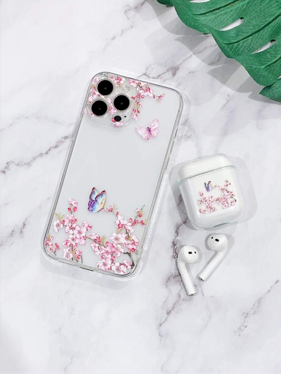 1pc Floral Clear Phone Case & 1pc Case Compatible With Airpods - Clear - View 1