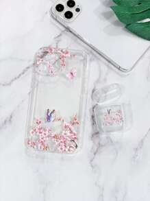 1pc Floral Clear Phone Case & 1pc Case Compatible With Airpods - Clear - View 2