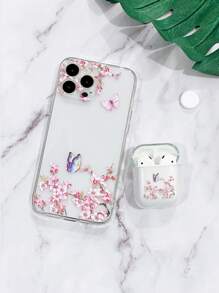 1pc Floral Clear Phone Case & 1pc Case Compatible With Airpods - Clear - View 4