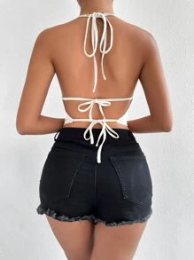 SHEIN SXY 垂褶領後背繫帶掛脖上衣 - 白色 - 查看 2