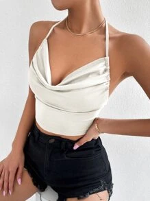 SHEIN SXY 垂褶領後背繫帶掛脖上衣 - 白色 - 查看 6