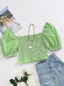 SHEIN LUNE Top de cuello cuadrado de manga farol de guingán con fruncido - Verde Lima - Ver 1