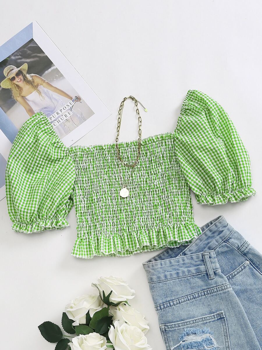 SHEIN LUNE Top de cuello cuadrado de manga farol de guingán con fruncido - Verde Lima - Ver 1