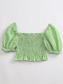 SHEIN LUNE Top de cuello cuadrado de manga farol de guingán con fruncido - Verde Lima - Ver 2