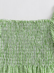 SHEIN LUNE Top de cuello cuadrado de manga farol de guingán con fruncido - Verde Lima - Ver 5