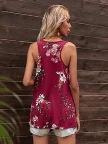 DEARCASE Floral Print Scoop Neck Tank Top - Burgundy - View 2