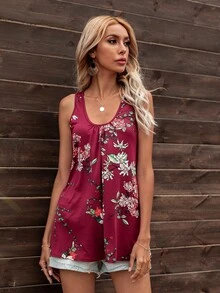 DEARCASE Floral Print Scoop Neck Tank Top - Burgundy - View 4