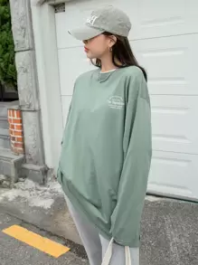 DAZY 标语图案落肩开衩 T 恤长袖女式上衣，秋季女装 - 薄荷綠 - 查看 3