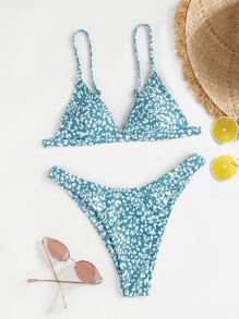 Swim Mod Summer Beach Allover Graphic High Cut Bikini Set - Blue and White - View 1