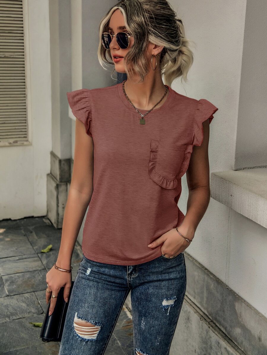 SHEIN LUNE 荷葉邊口袋貼布T恤 - 藕粉色 - 查看 1