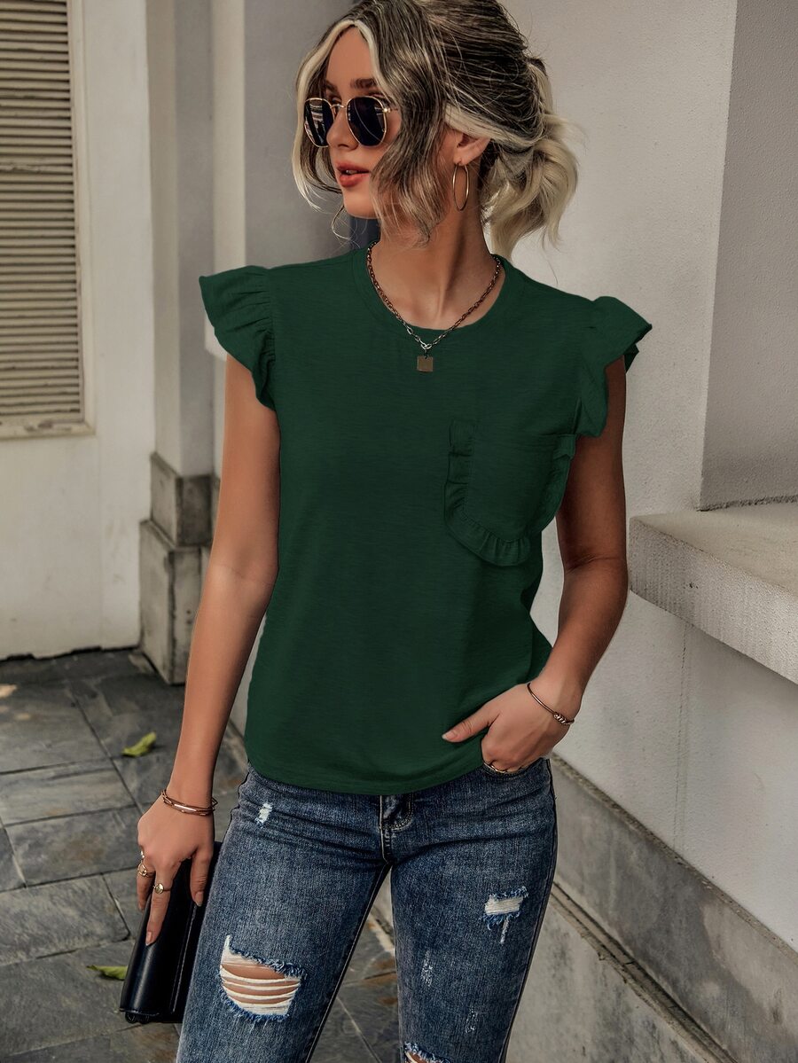 SHEIN LUNE 荷葉邊口袋貼布T恤 - 綠色 - 查看 1