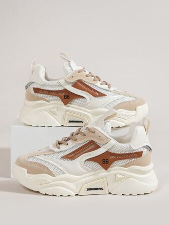 撞色前綁帶老爹鞋,淺褐色運動老爹鞋帶撞色細節