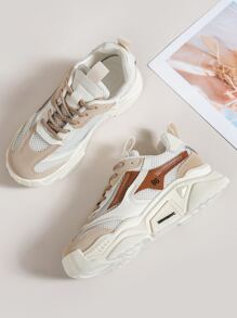 Colorblock Lace-up Front Chunky Sneakers, Beige Sporty Chunky Sneakers With Color Block Detail