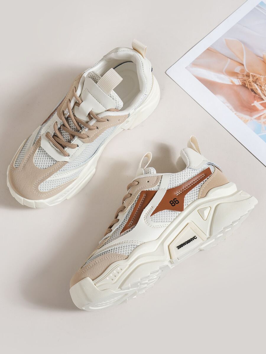 Colorblock Laceup Front Chunky Sneakers, Beige Sporty Chunky Sneakers With Color Block Detail