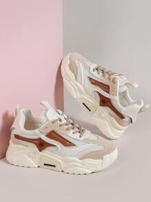 Colorblock Lace-up Front Chunky Sneakers, Beige Sporty Chunky Sneakers With Color Block Detail