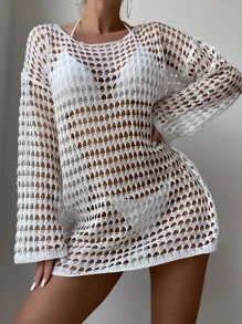Hollow Out Drop Shoulder Cover Up Without Bikini, For Summer Beach Vacation - White - View 3