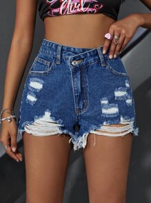 Shorts mezclilla desgarro bajo crudo - Azul lavado oscuro - Ver 1