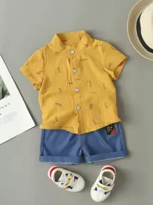 SHEIN Chàng trai trẻ Bút chì In Áo sơ mi & Chi tiết vá Quần short - Nhiều màu - Xem 1