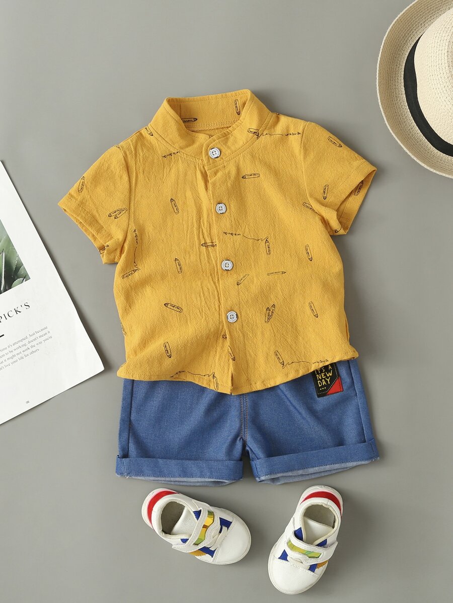 SHEIN Chàng trai trẻ Bút chì In Áo sơ mi & Chi tiết vá Quần short - Nhiều màu - Xem 1