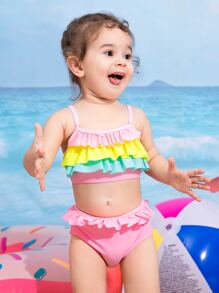 SHEIN Baby Girl Summer Beach Contrast Color Tiered Ruffle Bikini Set - Pink - View 3